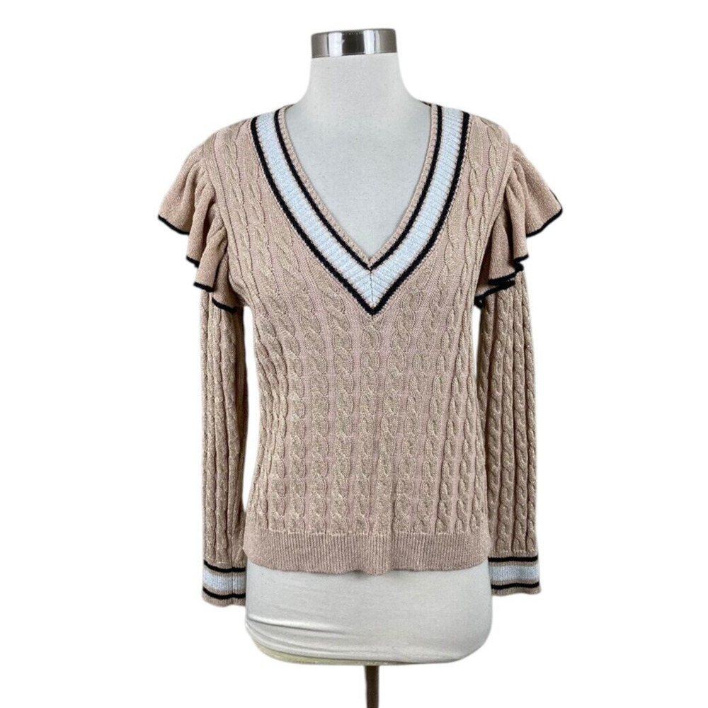Saylor Rose Gold Metallic Cable Knit V Neck Sweater Size Small Preppy Ruffle